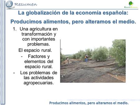 Producimos alimentos, pero alteramos el medio. La globalización de la economía española: Producimos alimentos, pero alteramos el medio. 1.Una agricultura.