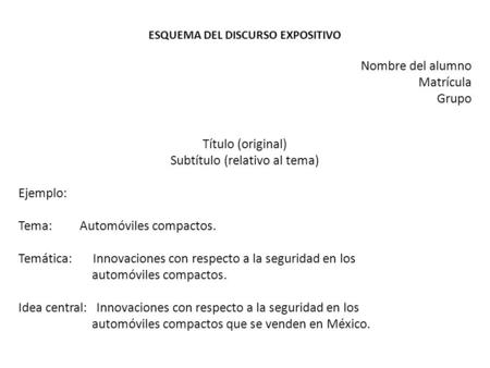 ESQUEMA DEL DISCURSO EXPOSITIVO Nombre del alumno Matrícula Grupo Título (original) Subtítulo (relativo al tema) Ejemplo: Tema: Automóviles compactos.