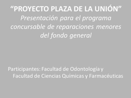 “PROYECTO PLAZA DE LA UNIÓN” Presentación para el programa concursable de reparaciones menores del fondo general Participantes: Facultad de Odontología.