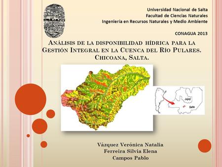 A NÁLISIS DE LA DISPONIBILIDAD HÍDRICA PARA LA G ESTIÓN I NTEGRAL EN LA C UENCA DEL R ÍO P ULARES. C HICOANA, S ALTA. Vázquez Verónica Natalia Ferreira.