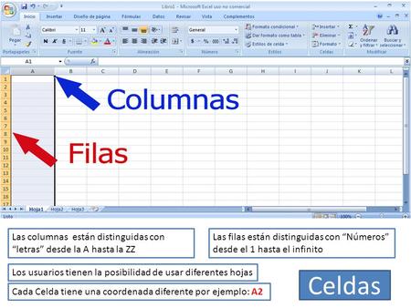 Las columnas están distinguidas con “letras” desde la A hasta la ZZ Las filas están distinguidas con “Números” desde el 1 hasta el infinito Los usuarios.
