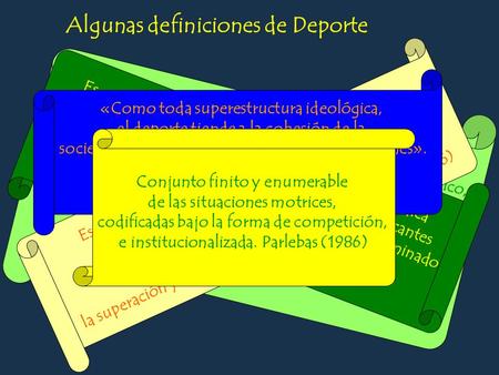 Algunas definiciones de Deporte Recreación, pasatiempo, placer, diversión o ejercicio físico, por lo común al aire libre, es una actividad física, ejercida.