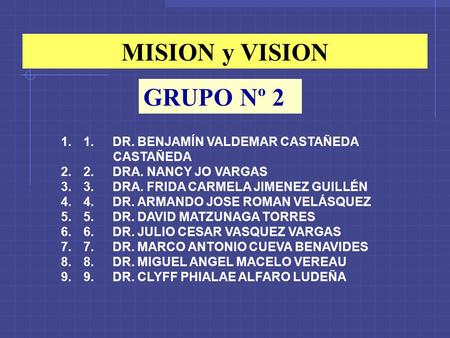 GRUPO Nº 2 1.1. DR. BENJAMÍN VALDEMAR CASTAÑEDA CASTAÑEDA 2.2. DRA. NANCY JO VARGAS 3.3. DRA. FRIDA CARMELA JIMENEZ GUILLÉN 4.4. DR. ARMANDO JOSE ROMAN.