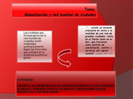 Tema: Globalización y red mundial de ciudades  “... existe un acuerdo creciente en torno a la realidad de una red de grandes ciudades, tanto en el Norte.