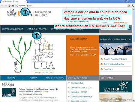 Vamos a dar de alta la solicitud de beca Hay que entrar en la web de la UCA Ahora pinchamos en ESTUDIOS Y ACCESO.