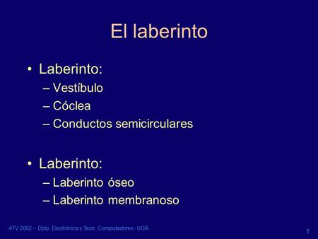 El laberinto Laberinto: Vestíbulo Cóclea Conductos semicirculares