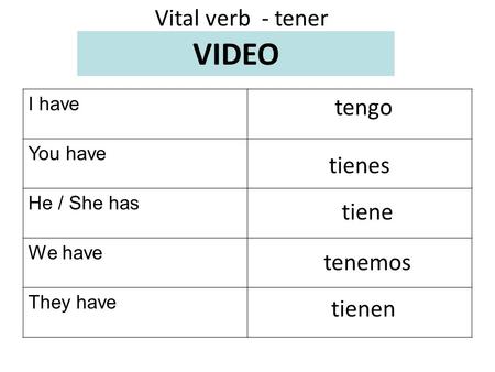 VIDEO Vital verb - tener tengo tienes tiene tenemos tienen I have