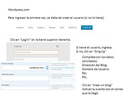 Wordpress.com Para ingresar la primera vez, se debe de crear el usuario (si no lo tiene). Clic en “Log In” en la barra superior derecha. Si tiene el usuario,