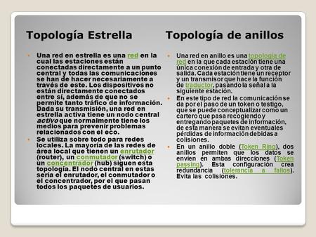 Topología EstrellaTopología de anillos Una red en estrella es una red en la cual las estaciones están conectadas directamente a un punto central y todas.