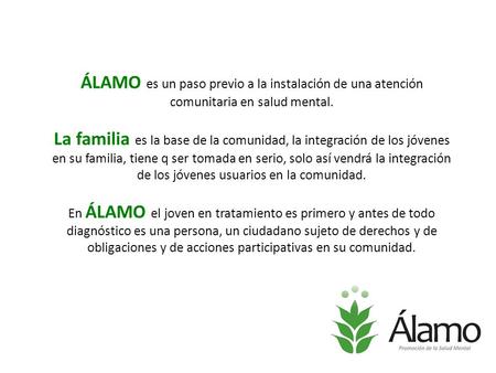 ÁLAMO es un paso previo a la instalación de una atención comunitaria en salud mental. La familia es la base de la comunidad, la integración de los jóvenes.