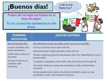 ¡Buenos días! LEARNING INTENTIONS SUCCESS CRITERIA
