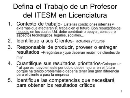 1 Defina el Trabajo de un Profesor del ITESM en Licenciatura 1.Contexto de trabajo- Liste las condiciones internas y externas que afectarán su trabajo.