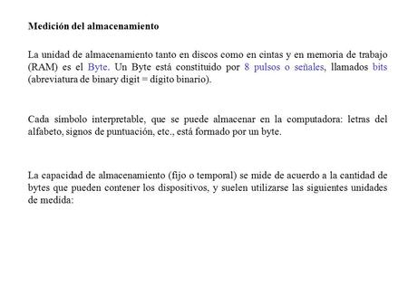 La unidad de almacenamiento tanto en discos como en cintas y en memoria de trabajo (RAM) es el Byte. Un Byte está constituido por 8 pulsos o señales, llamados.