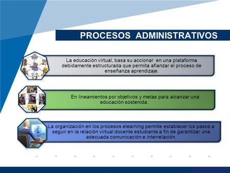 Www.company.com PROCESOS ADMINISTRATIVOS La educación virtual, basa su accionar en una plataforma debidamente estructurada que permita afianzar el proceso.