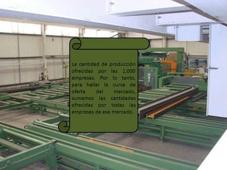 La cantidad de producción ofrecidas por las 1,000 empresas. Por lo tanto, para hallar la curva de oferta del mercado, sumamos las cantidades ofrecidas.