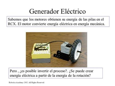 Robotics Academy 2002. All Rights Reserved. Generador Eléctrico Sabemos que los motores obtienen su energía de las pilas en el RCX. El motor convierte.