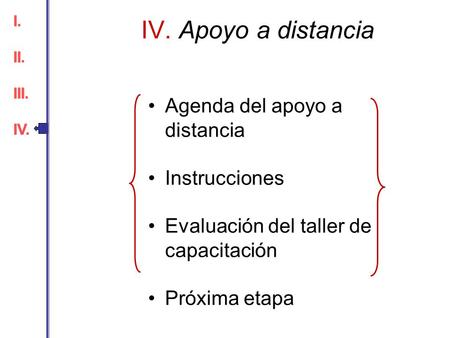 IV. Apoyo a distancia Agenda del apoyo a distancia Instrucciones Evaluación del taller de capacitación Próxima etapa I. II. III. IV. I. II. III. IV.
