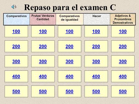 Repaso para el examen C 100 200 100 200 300 400 500 300 400 500 100 200 300 400 500 100 200 300 400 500 100 200 300 400 500 Comparativos Frutas/ Verduras.