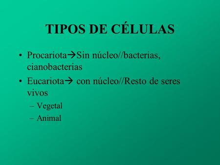 TIPOS DE CÉLULAS ProcariotaSin núcleo//bacterias, cianobacterias