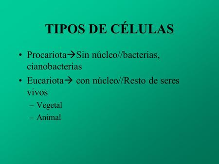 TIPOS DE CÉLULAS ProcariotaSin núcleo//bacterias, cianobacterias