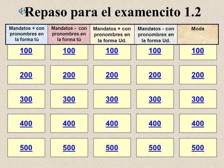 Repaso para el examencito 1.2 100 200 100 200 300 400 500 300 400 500 100 200 300 400 500 100 200 300 400 500 100 200 300 400 500 Mandatos + con pronombres.