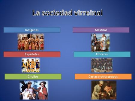 La sociedad virreinal Indígenas Mestizos Españoles Africanos Criollos