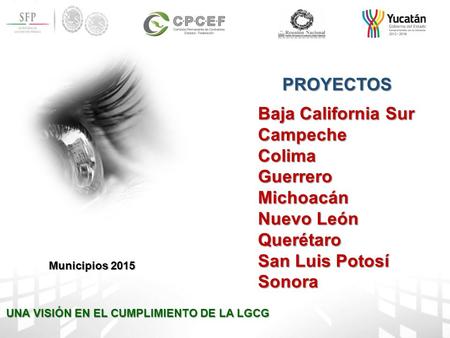 UNA VISIÓN EN EL CUMPLIMIENTO DE LA LGCG Municipios 2015 PROYECTOS Baja California Sur CampecheColimaGuerreroMichoacán Nuevo León Querétaro San Luis Potosí.