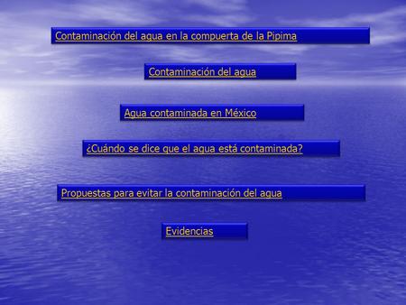 Contaminación del agua en la compuerta de la Pipima Agua contaminada en MéxicoContaminación del agua ¿Cuándo se dice que el agua está contaminada? Propuestas.