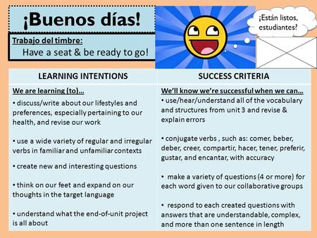 LEARNING INTENTIONSSUCCESS CRITERIA We are learning (to)… discuss/write about our lifestyles and preferences, especially pertaining to our health, and.