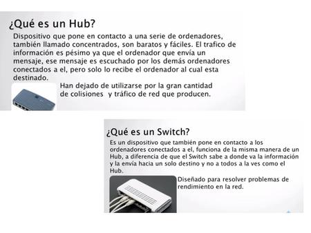 Diferencias: Diferencia entre el hub y el switch es que los switches toman decisiones basándose en las direcciones MAC y los hubs no toman ninguna decisión.