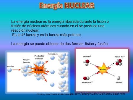 Energía NUCLEAR La energía nuclear es la energía liberada durante la fisión o fusión de núcleos atómicos cuando en el se produce une reacción nuclear.