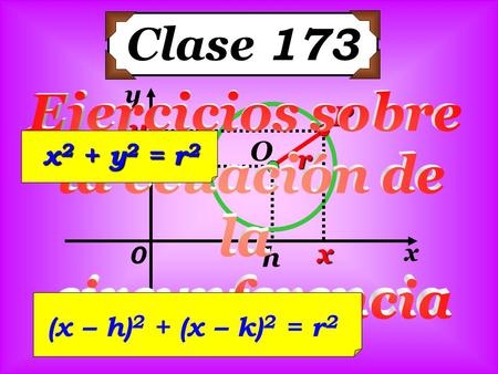 X y 0 h k O P x y r Clase 173 x 2 + y 2 = r 2 (x – h) 2 + (x – k) 2 = r 2.