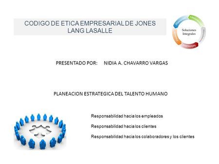 CODIGO DE ETICA EMPRESARIAL DE JONES LANG LASALLE PRESENTADO POR: NIDIA A. CHAVARRO VARGAS PLANEACION ESTRATEGICA DEL TALENTO HUMANO Responsabilidad hacia.