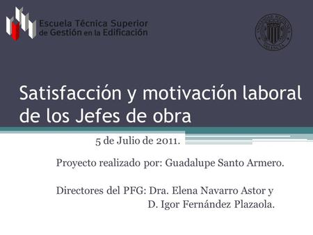 Satisfacción y motivación laboral de los Jefes de obra Proyecto realizado por: Guadalupe Santo Armero. Directores del PFG: Dra. Elena Navarro Astor y D.