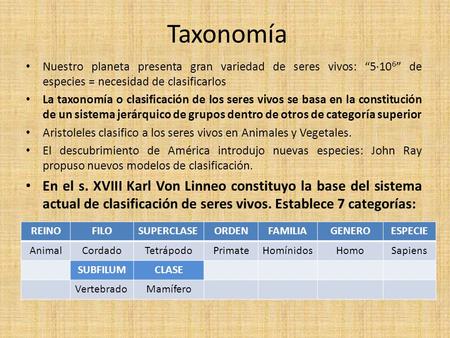 Taxonomía Nuestro planeta presenta gran variedad de seres vivos: “5·106” de especies = necesidad de clasificarlos La taxonomía o clasificación de los seres.