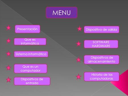 Presentación Que es informática Sistema informático Que es un computador Dispositivos de entrada Dispositivo de salida SOFTWARE HARDWARE Dispositivos de.