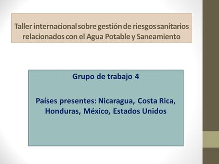 Taller internacional sobre gestión de riesgos sanitarios relacionados con el Agua Potable y Saneamiento Grupo de trabajo 4 Países presentes: Nicaragua,