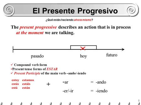 1 El Presente Progresivo ¿Qué estás haciendo ahora mismo? The present progressive describes an action that is in process at the moment we are talking.