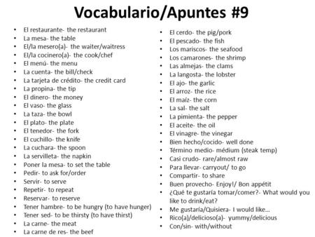 Vocabulario/Apuntes #9