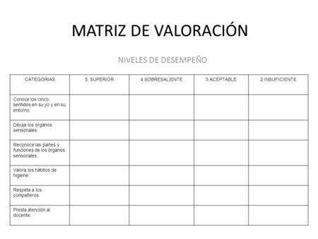 MATRIZ DE VALORACIÓN NIVELES DE DESEMPEÑO CATEGORIAS 5. SUPERIOR