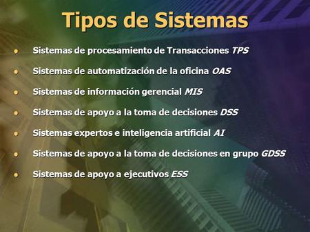 Tipos de Sistemas Sistemas de procesamiento de Transacciones TPS