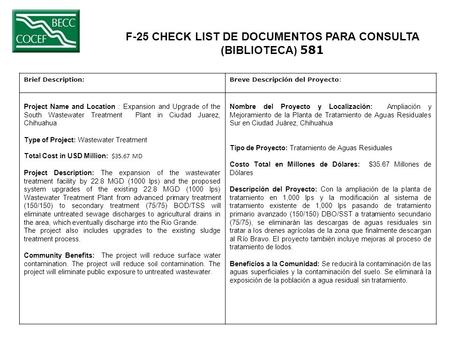 F-25 CHECK LIST DE DOCUMENTOS PARA CONSULTA (BIBLIOTECA) 581 Brief Description:Breve Descripción del Proyecto: Project Name and Location : Expansion and.