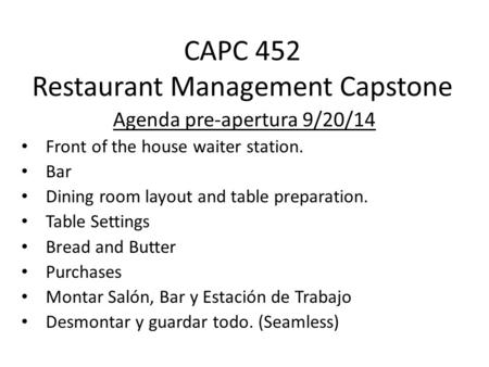 CAPC 452 Restaurant Management Capstone