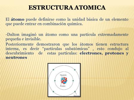 ESTRUCTURA ATOMICA El átomo puede definirse como la unidad básica de un elemento que puede entrar en combinación química. -Dalton imaginó un átomo como.