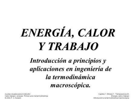 Ayudas visuales para el instructor Calor, trabajo y energía. Primer curso de termodinámica © 2002, F. A. Kulacki Capítulo 1. Módulo 1. Transparencia 1.