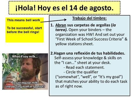 ¡Hola! Hoy es el 14 de agosto. Trabajo del timbre: 1.Abran sus carpetas de argollas (la tarea). Open your binders – the organization was HW! And set out.