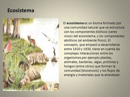 Ecosistema El ecosistema es un bioma formado por una comunidad natural que se estructura con los componentes bióticos (seres vivos) del ecosistema, y los.