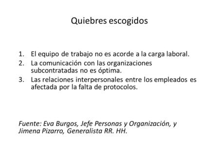 Quiebres escogidos 1.El equipo de trabajo no es acorde a la carga laboral. 2.La comunicación con las organizaciones subcontratadas no es óptima. 3.Las.