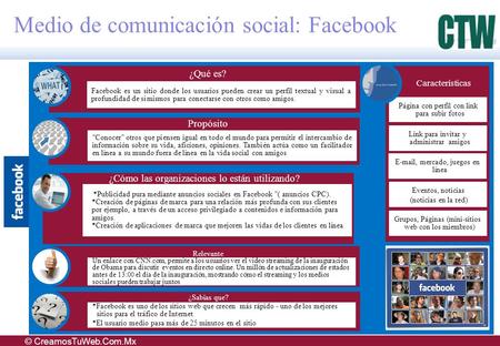 © CreamosTuWeb.Com.Mx 1 Medio de comunicación social: Facebook ¿Qué es? Características Propósito Relevante *Facebook es uno de los sitios web que crecen.