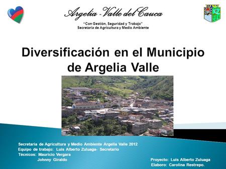 Secretaría de Agricultura y Medio Ambiente Argelia Valle 2012 Equipo de trabajo: Luis Alberto Zuluaga- Secretario Técnicos: Mauricio Vergara Johnny Giraldo.